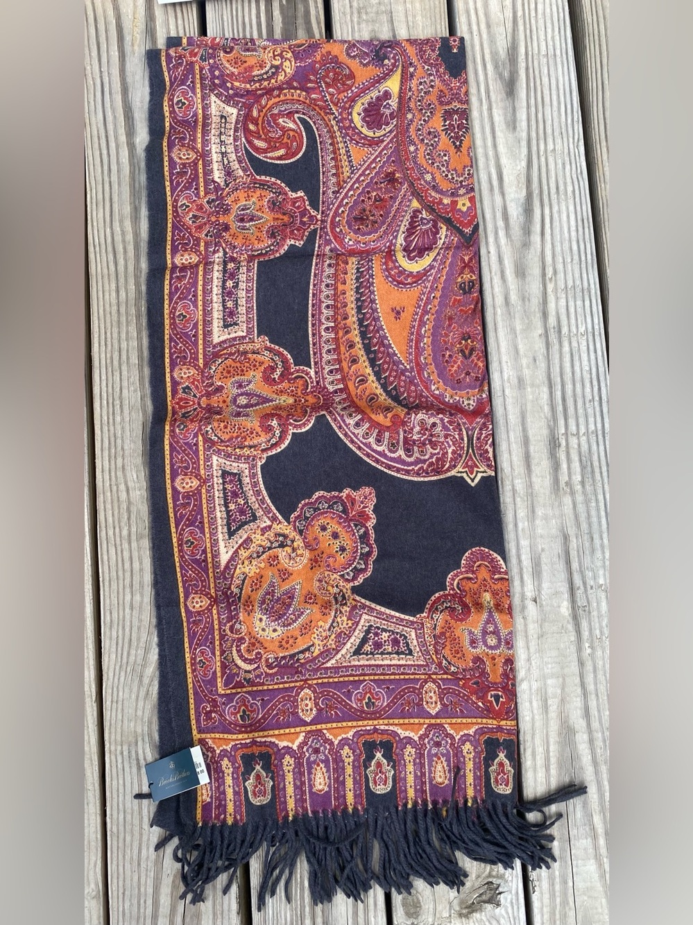 Brooks Brothers Paisley Fringe Wool Scarf - Navy, Orange & Purple